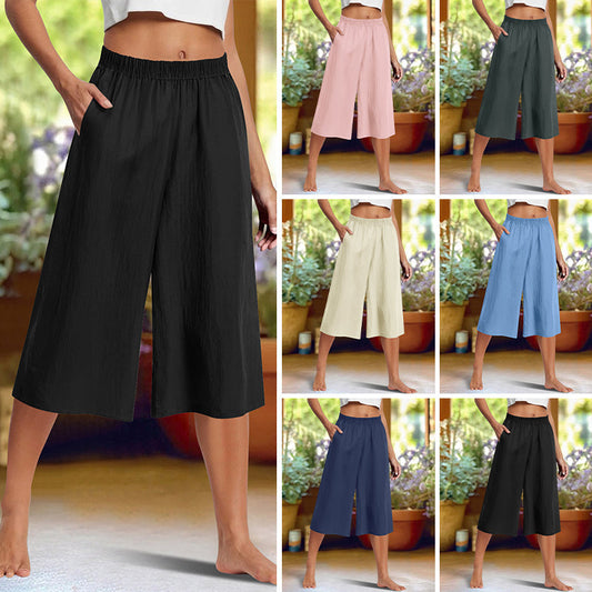 Pantaloni casual, de culoare uni, cu croi larg și lungime 3/4, cu textură discretă