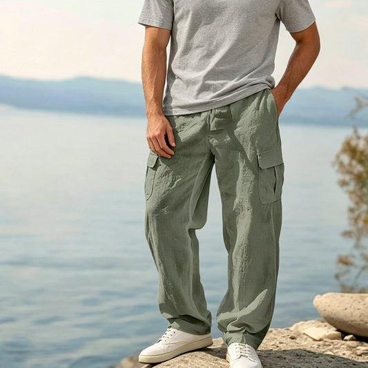 Pantaloni cargo din bumbac și in pentru bărbați