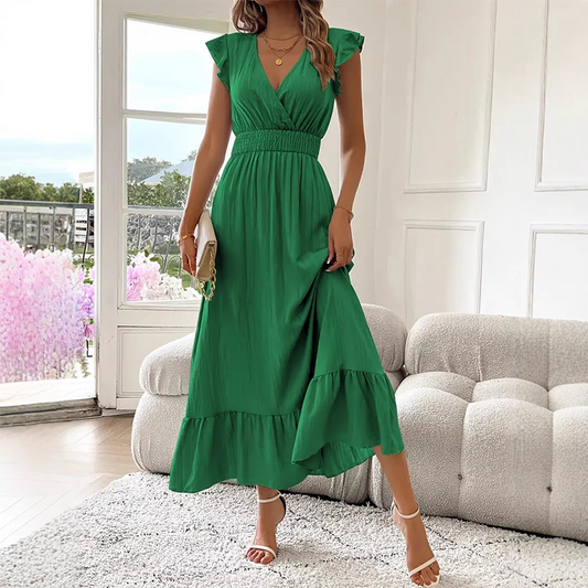 👗😍Rochie maxi cu decolteu în V și volane, care definește talia