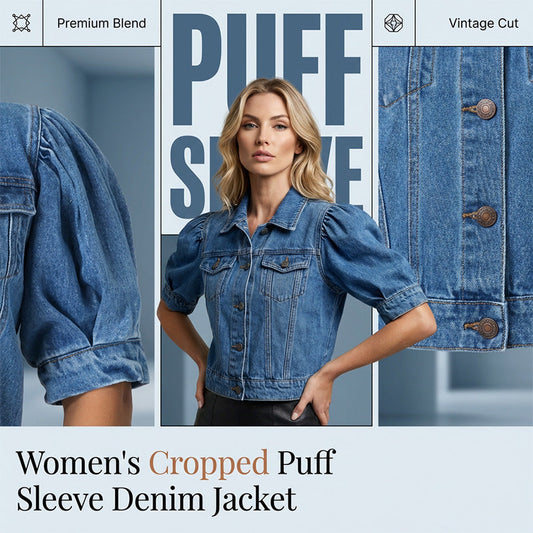😍Jachetă denim cropped, cu mânecă scurtă și umeri bufantați, pentru femei❤️