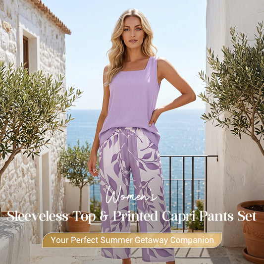 😍Top fără mâneci și set cu pantaloni Capri imprimați🏖️