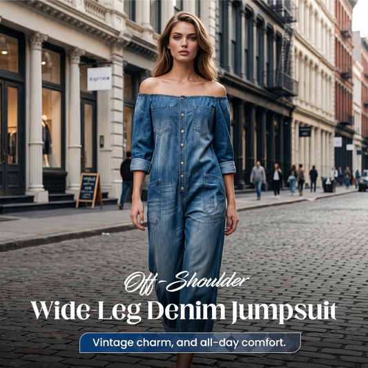 ⭐🌠️Salopetă din denim cu umeri decupați și pantaloni largi, pentru femei la modă