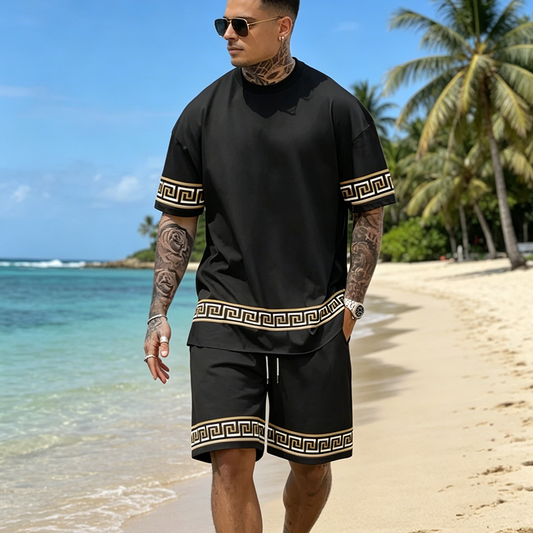 🌬️🏖️ Set pentru bărbați format din tricou cu guler rotund, mâneci scurte și pantaloni scurți, din material respirabil😏
