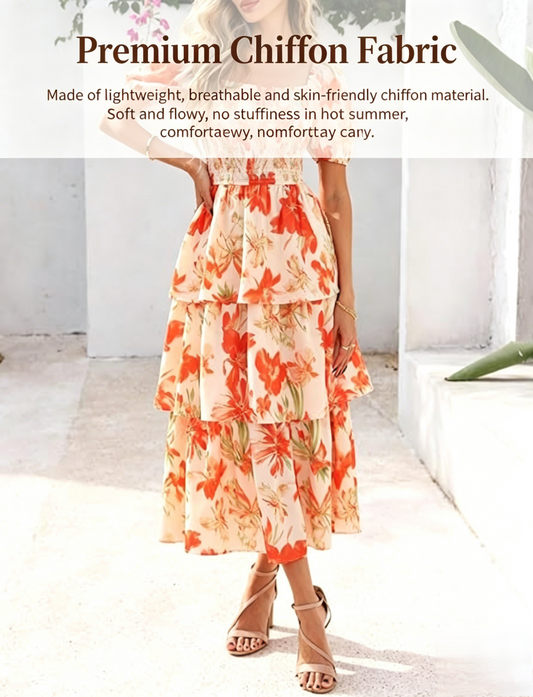 🌸 Vis de Vară – Rochie Maxi din Șifon cu Imprimeu Floral și Volane – Mâneci Scurte și Decolteu Rotund