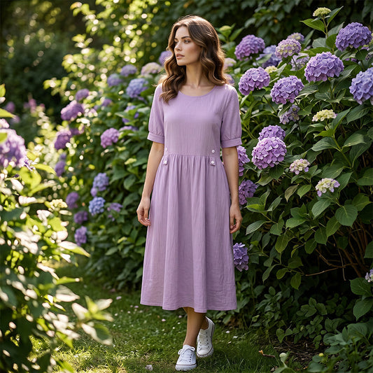 💜 Rochie casual pentru femei, în culori uni, cu guler rotund și detalii cu nasturi 😍