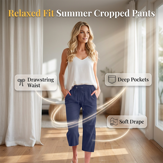 Pantaloni Capri din Bumbac și In pentru Femei, cu Buzunare