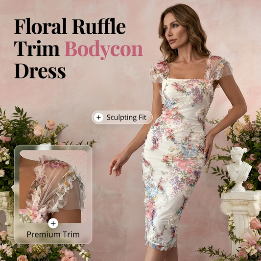 🌷Rochie elegantă, mulată, cu imprimeu, volane și inserții din dantelă la umeri😍