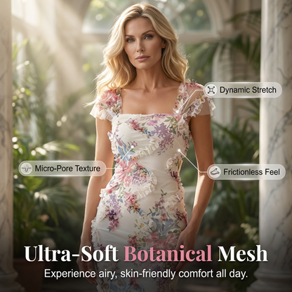 🌷Rochie elegantă, mulată, cu imprimeu, volane și inserții din dantelă la umeri😍