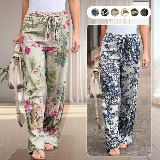 Pantaloni pentru femei cu talie elastică, din bumbac și in, cu imprimeu🌷😍