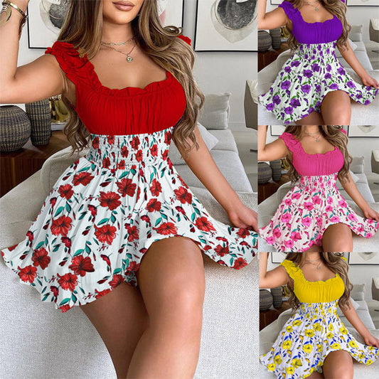 Rochie mini cu talie elastică și imprimeu floral de vară