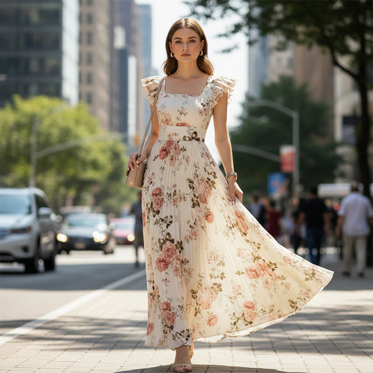 Rochie Maxi Plisată cu Imprimeu Floral Elegant