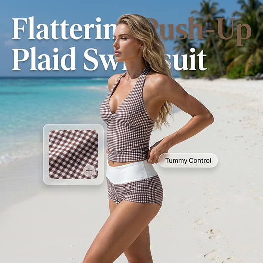 🎉Vânzare limitată🎉Set de costum de baie cu model caroiaj pentru femei, cu top în V și pantaloni scurți