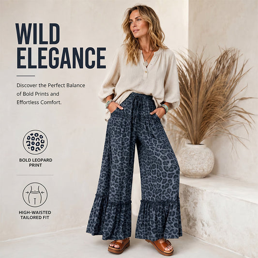 🌟Pantaloni largi cu imprimeu leopard și volan la tiv pentru femei✨