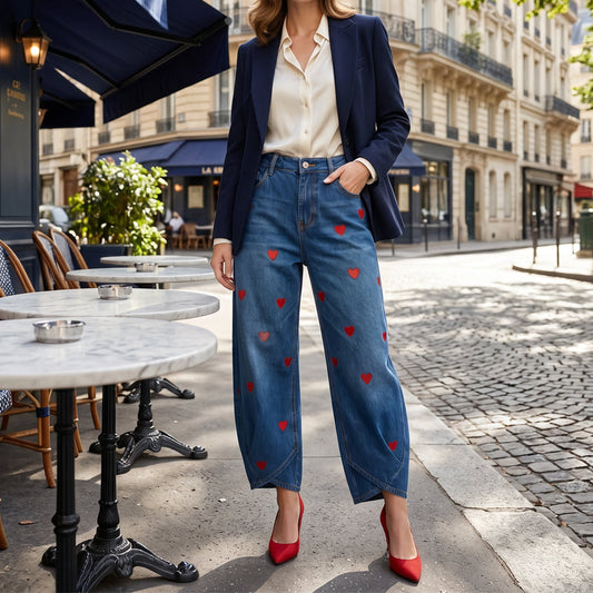 💕👖Blugi Denim Evazați cu Imprimeu Inimă pentru Femei