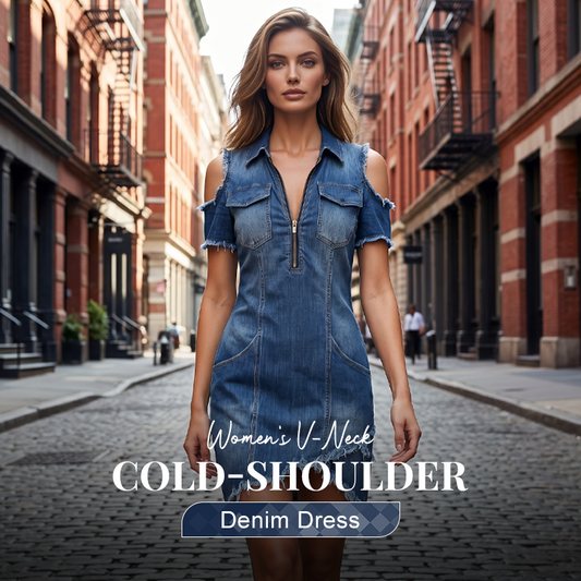 Rochie din denim cu decolteu în V și umeri goi pentru femei