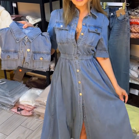 Rochie de denim albastră, slim-fit, cu guler și nasturi, pentru femei