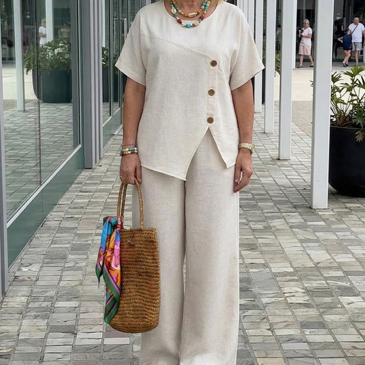 😍🏖️Set elegant format din top cu detalii cu nasturi și pantaloni cu talie largă💝