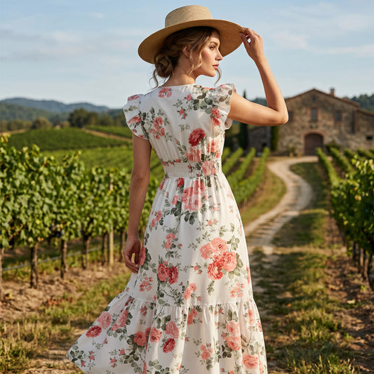 Rochie maxi pentru femei, cu decolteu în V, mâneci flutter și imprimeu floral🌊