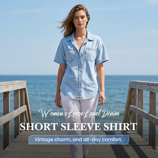 👚 REDUCERE DE 30% PENTRU TIMP LIMITAT! ✨ Cămașă Denim cu Mânecă Scurtă – Guler Răsfrânt, Lejeră, Casual, Croială Relaxată 🌿