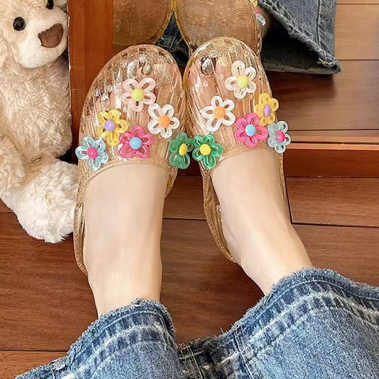🌺👡Papuci pentru femei, transparenți, cu sclipici, cu vârf închis😍