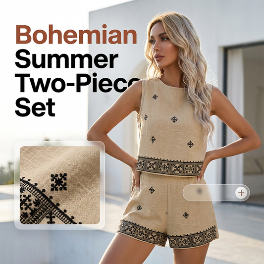🌸 30% REDUCERE ACUM! 🌸Set de top fără mâneci și pantaloni scurți cu imprimeu boem pentru femei
