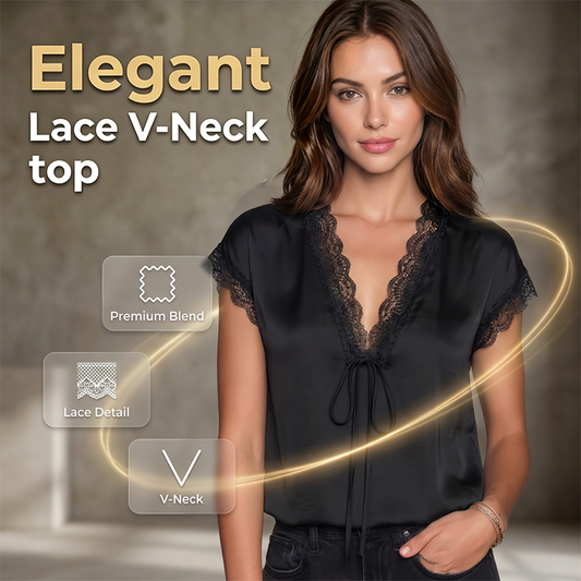 👚 30% REDUCERE ACUM! 🌙 Bluză cu Decolteu în V și Dantelă pentru Femei – Mânecă Scurtă, Elegantă și de la Zi la Noapte – Îmbinare Intricată de Dantelă, Drapaj Relaxat, Farmec Feminin 🌸