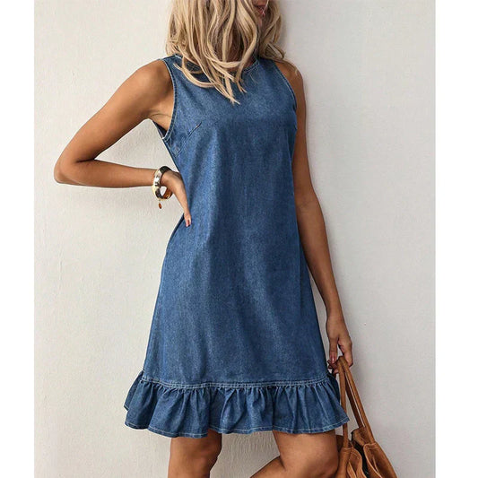 💙 Rochie Damă Fără Mâneci Tip Denim cu Tiv Volanăș – Detaliu Nasturi Spate, Ușoară & Feminină ✨