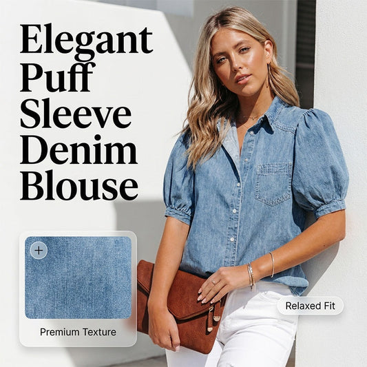 👚 REDUCERE 30% ! ✨ Bluză Denim cu Mâneci Pufoase pentru Femei – Cu Nasturi, Guler cu Revere, Ușoară 🌟