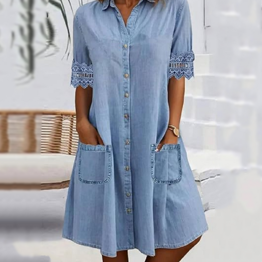 😍☁️Rochie din denim lejeră, cu croială largă pentru femei, cu buzunare🌬️