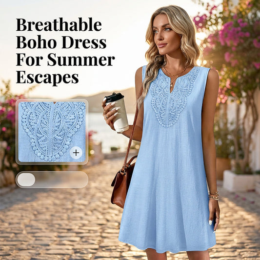 📢📢 Reducere de 30%!! ⏰ Rochie de vară casual, fără mâneci, cu guler și imprimeu, care lasă pielea să respire 🌬️