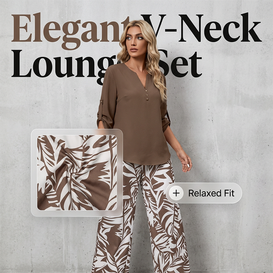 👕👖Set de top cu decolteu în V pentru femei și pantaloni largi cu imprimeu😍