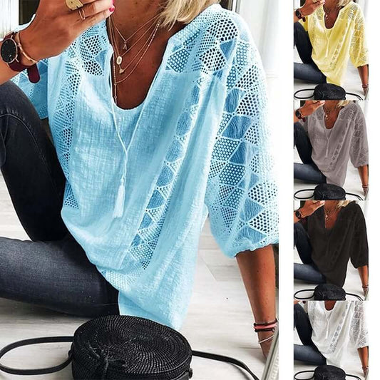 👚 30% REDUCERE ACUM! 🌸 Bluză pentru femei cu guler U și croșetat – Șnur cu ciucuri și mâneci scurte – Chic casual de vară 🌿