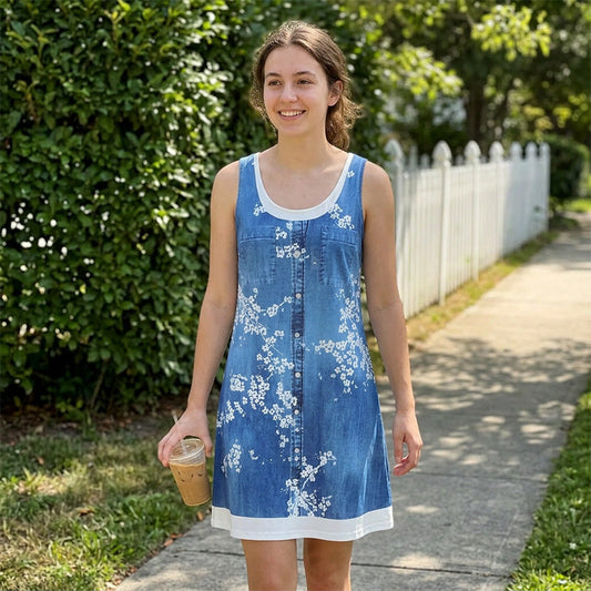 😍🌼Rochie pentru femei cu imprimeu denim, tip două piese false👗👖