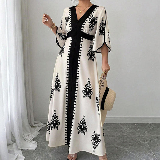 🌹😍Rochie Maxi Elegantă pentru Femei, cu Decolteu în V și Imprimeu🛍️