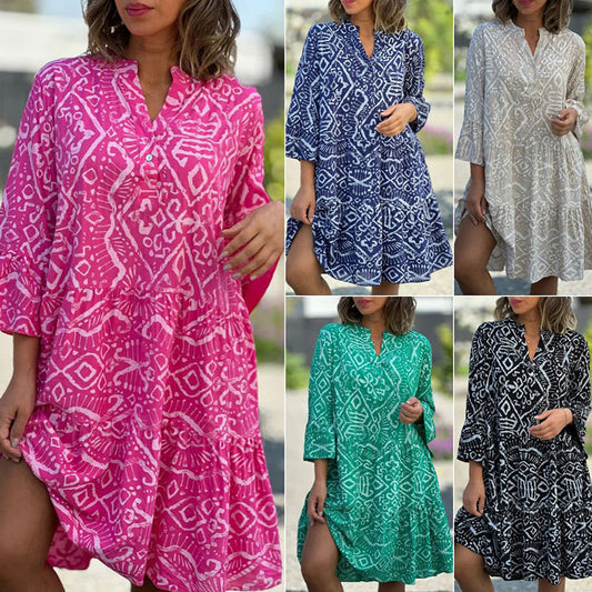 🌺【S-4XL】Stiluri Sezoniere💐 Rochie Casual, Lejeră, cu Imprimeu și Decolteu în V