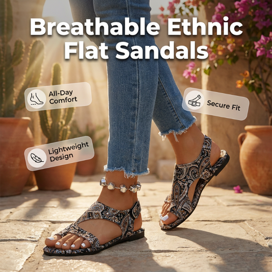 🎁Nouă Sosire 30% REDUCERE💥Sandale Plate Etnice pentru Femei🌬️👟