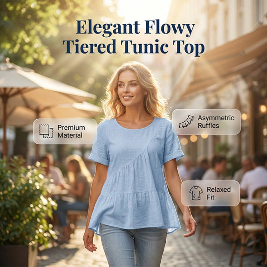 👚 REDUCERE 45% ACUM! 🌸 Bluză tip tunică cu volane, mânecă scurtă pentru femei – Ușoară și vaporoasă – Perfectă pentru stratificare vara sau ținute casual chic – confortabilă și feminină ✨🌿