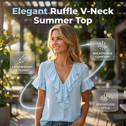 😍 Ținută casual de vară 🧊 Bluză elegantă pentru femei, cu mâneci scurte, decolteu în V și volane ușoare și vaporoase 💓