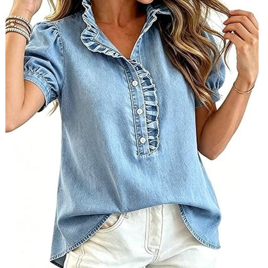 🔥Ofertă limitată — 💓👉 Cămașă din denim pentru femei, cu guler cu volane, potrivită pentru orice ținută 🛍️