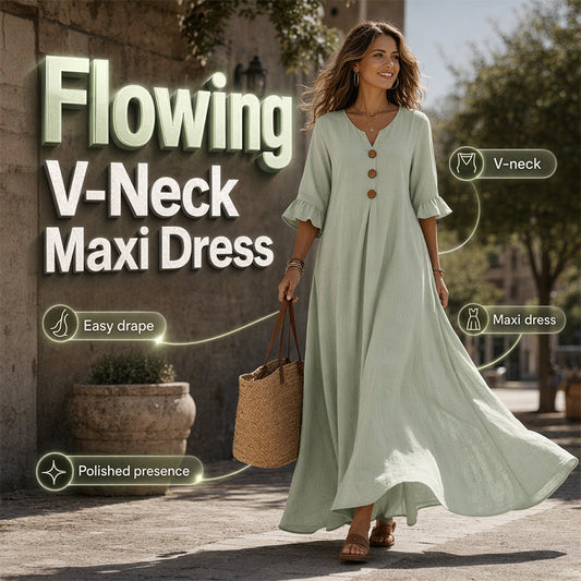 ✨O selecție specială pentru femeile elegante și rafinate😍 — Fustă lungă, largă, în stil A, cu pliuri, mâneci scurte, decolteu în V și volane👗