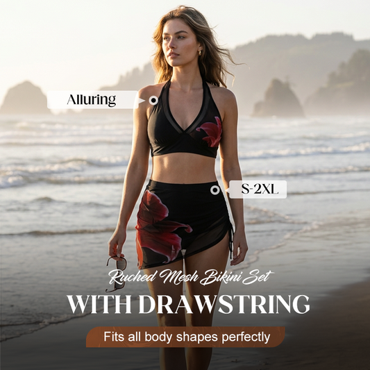 😍Model cu imprimeu elegant🌺Set de bikini cu margini din dantelă plisată (sutien din dantelă + fustă de baie din dantelă)👙