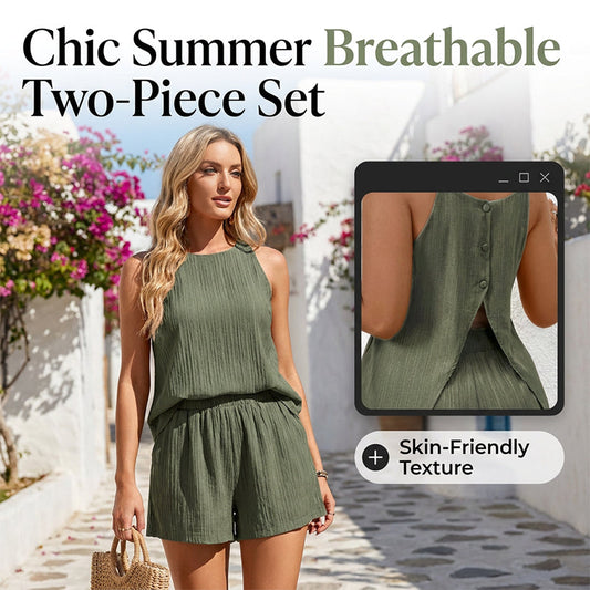 🧊Spune „nu” căldurii sufocante🌬️ Set casual din două piese pentru femei: bluză fără mâneci cu decupaj în spate și pantaloni scurți largi💓