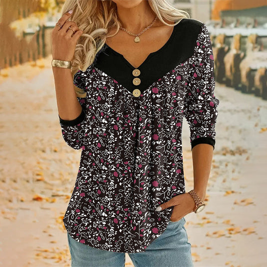 👕😍Tricou pentru femei cu imprimeu, decolteu în V și mâneci lungi✨