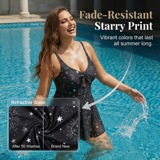 🩱50% REDUCERE ACUM! ☀️Costum de baie cu imprimeu stelar tip rochie de baie🌊⭐