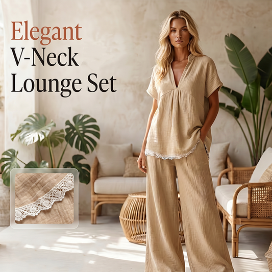 😍🛍️Set de lounge pentru femei: top cu decolteu în V și pantaloni cu talie largă🔥