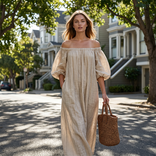 🌸 50% REDUCERE ACUM! 🌸Rochie Maxi cu Umăr Decoltat pentru Femei, Rochie cu Mâneci Lanternă