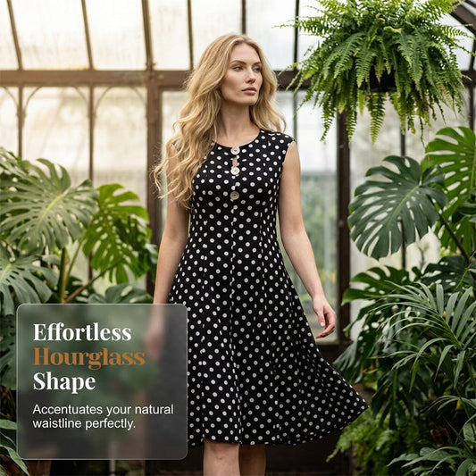 👗 REDUCERE 50% ACUM! ⚫ Rochie midi fără mâneci, cu buline, pentru femei, mărimi plus – fluidă și ușoară – perfectă pentru vară, plajă sau ținută casual chic – confortabilă și flatantă 🌸✨