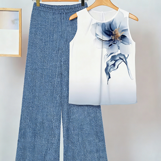 🌿🧊Set de top cu imprimeu floral și pantaloni cu talie largă pentru femei👕👖