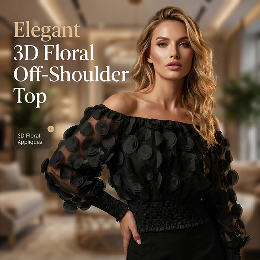 📢📢50% REDUCERE !! ⏰Top Mulat pe Umăr – Aplice Florale 3D, Talie Smocuită, Mâneci Balon 🌸