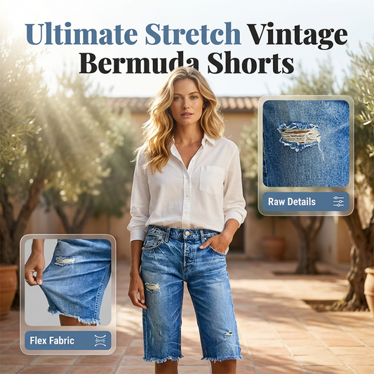 💖 Pantaloni Scurți Bermuda Denim Damă – Elasticți, Efect Uzat Vintage & Tiv Brut, Stil Stradal ✨